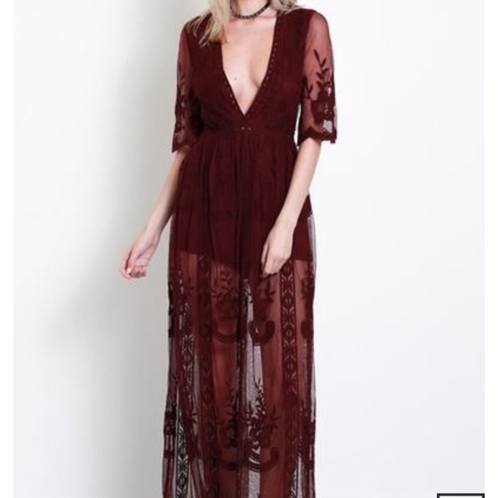 Boho Lace maxi dress/romper- maroon/burgundy